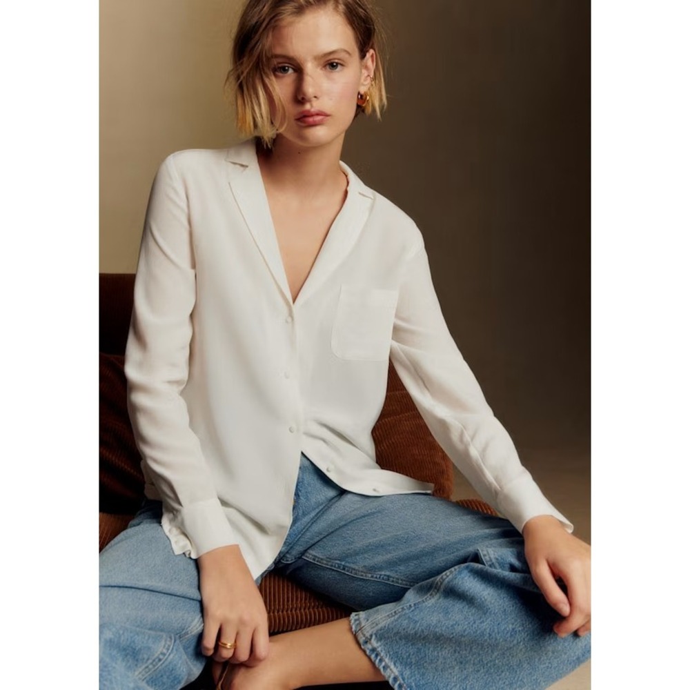 Sezane 100% Silk Ivory White Long Sleeve Button Down Shirt Size 38